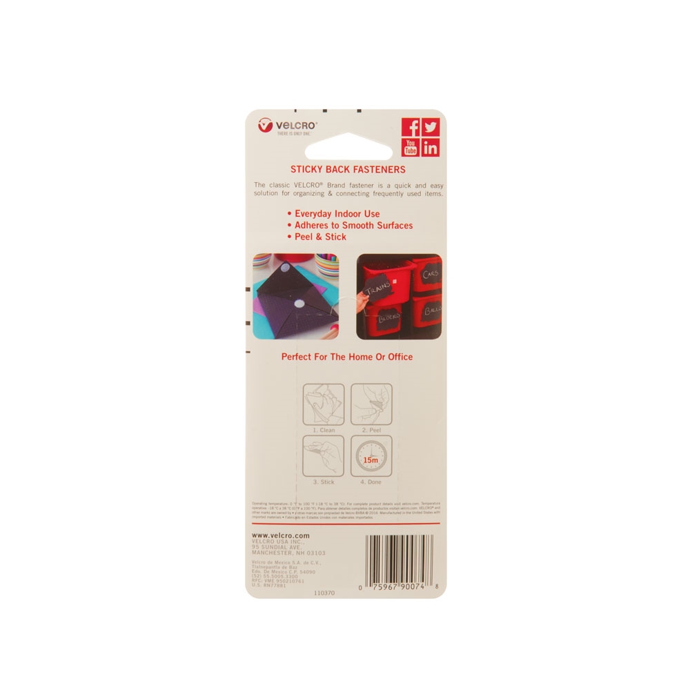 VELCRO Brand 90072 Hook and Loop Fastener, 7/8 in W, 7/8 in L, Nylon, Black, Rubber Adhesive - 2