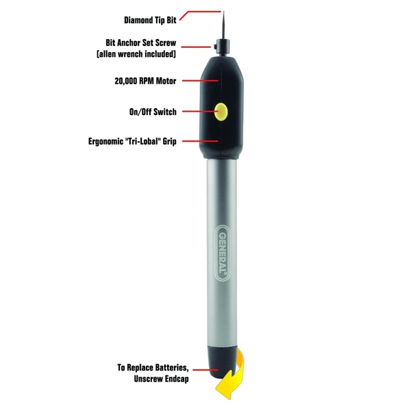 General 505 Precision Engraver, Battery Included, 20,000 rpm Speed, Includes: (2) AAA Batteries - 2