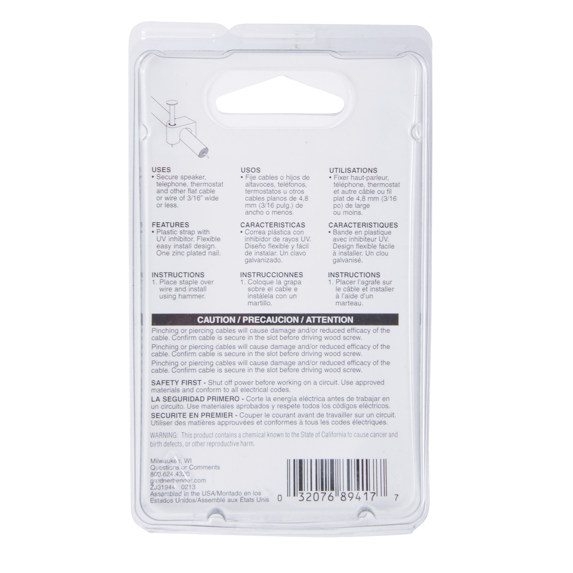 Gardner Bender PSW-160 Cable Staple, 3/16 in W Crown, Polyethylene, Zinc-Plated - 4