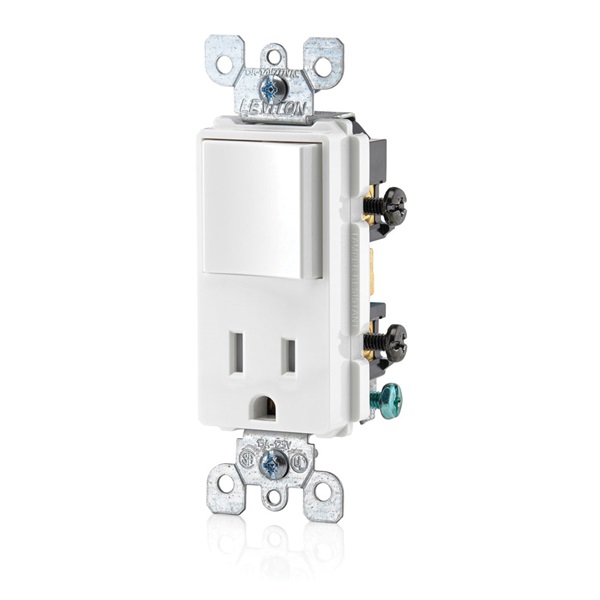 Leviton 5625 Series R62-T5625-0WS Combination Switch/Receptacle, 1-Pole, 15 A, 120 V Switch, 125 V Receptacle, White - 1