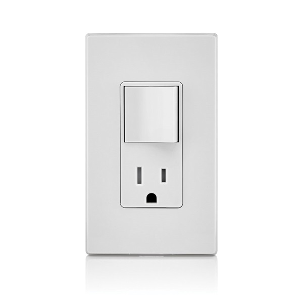 Leviton 5625 Series R62-T5625-0WS Combination Switch/Receptacle, 1-Pole, 15 A, 120 V Switch, 125 V Receptacle, White - 2
