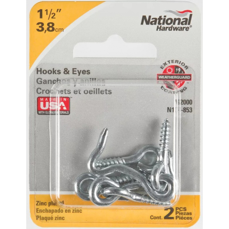 National Hardware V2000 Series N117-853 Hook and Eye, 1-1/2 in L Dimensions, Steel, Zinc, 2/PK - 2