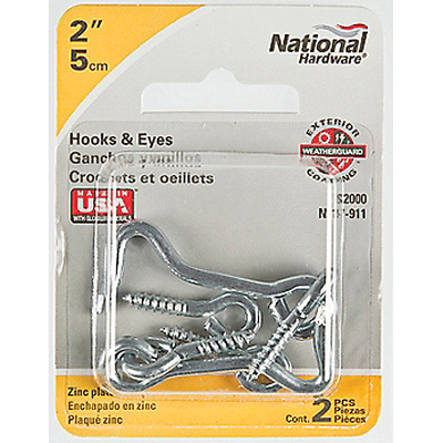 National Hardware V2000 Series N117-911 Hook and Eye, 2 in L Dimensions, Steel, Zinc, 2/PK - 2