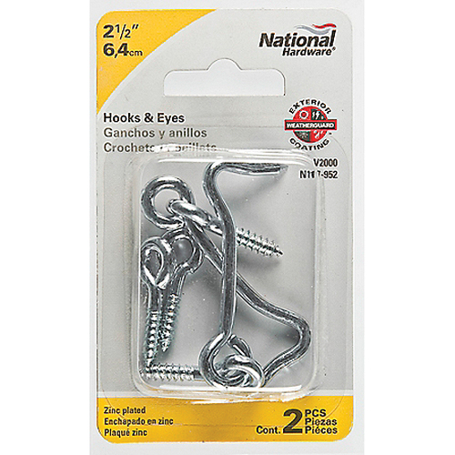 National Hardware V2000 Series N117-952 Hook and Eye, 2-1/2 in Dimensions, Steel, Zinc, 2/PK - 2