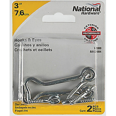 National Hardware V2000 Series N117-994 Hook and Eye, 3 in L Dimensions, Steel, Zinc, 2/PK - 2