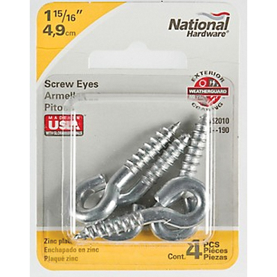 National Hardware N118-190 Screw Eye, #204, 0.216 in Dia Wire, 0.94 in L Thread, 1.94 in OAL, 95 lb Working Load, Steel - 2