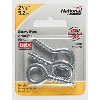 National Hardware N118-794 Screw Eye, #104, 0.216 in Dia Wire, 0.94 in L Thread, 2.06 in OAL, 75 lb Working Load, Steel - 2