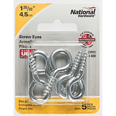 National Hardware N118-828 Screw Eye, #106, 0.19 in Dia Wire, 0.73 in L Thread, 1.79 in OAL, 50 lb Working Load, Steel - 2