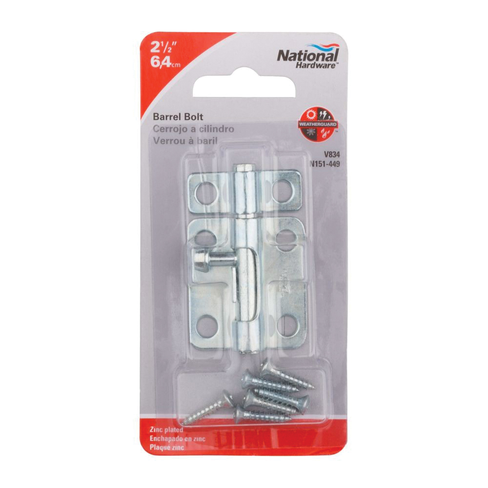 National Hardware N151-449 Barrel Bolt, 0.32 in Dia Bolt Head, 2-1/2 in L Bolt, Steel, Zinc - 3