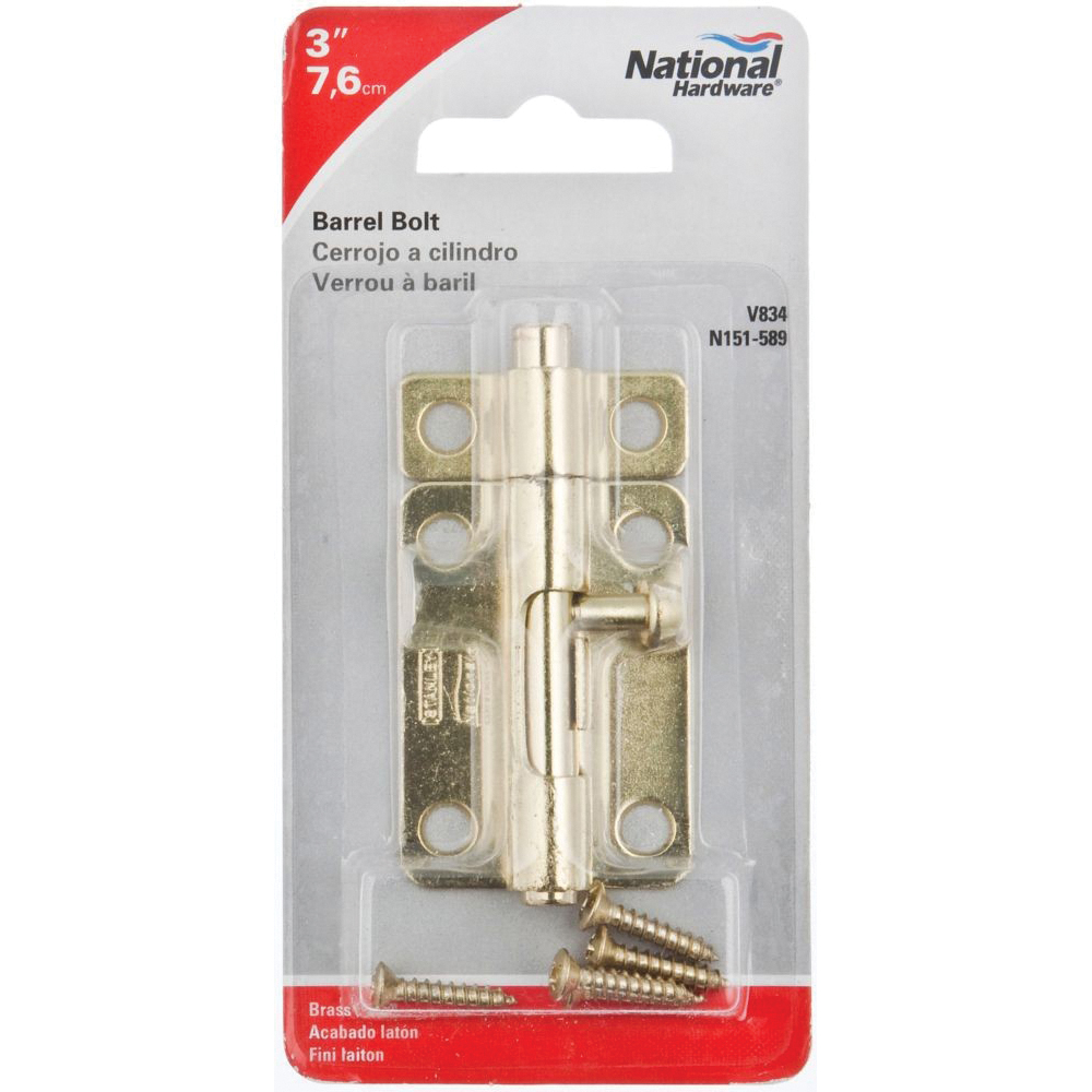 National Hardware N151-589 Barrel Bolt, 0.32 in Dia Bolt Head, 3 in L Bolt, Steel, Brass - 3