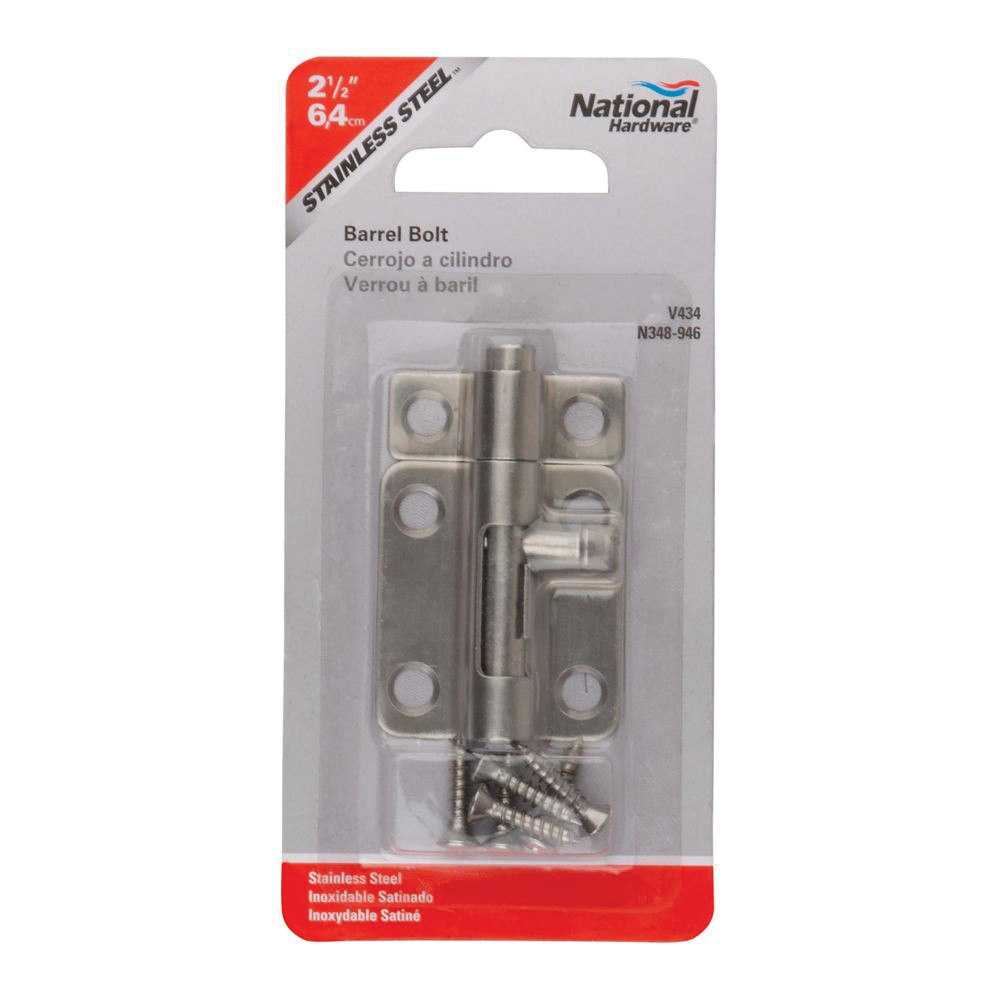 National Hardware N348-946 Barrel Bolt, 0.32 in Dia Bolt Head, 2-1/2 in L Bolt, Stainless Steel - 3