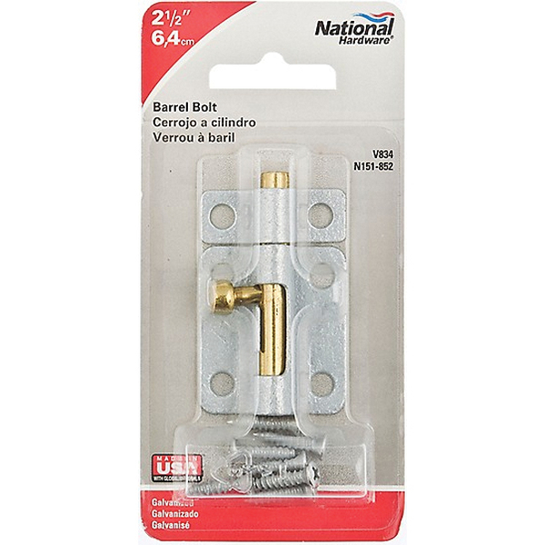 National Hardware N151-852 Barrel Bolt, 0.32 in Dia Bolt Head, 2-1/2 in L Bolt, Steel, Galvanized - 1