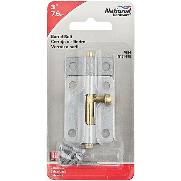 National Hardware N151-878 Barrel Bolt, 0.32 in Dia Bolt Head, 3 in L Bolt, Steel, Galvanized - 1