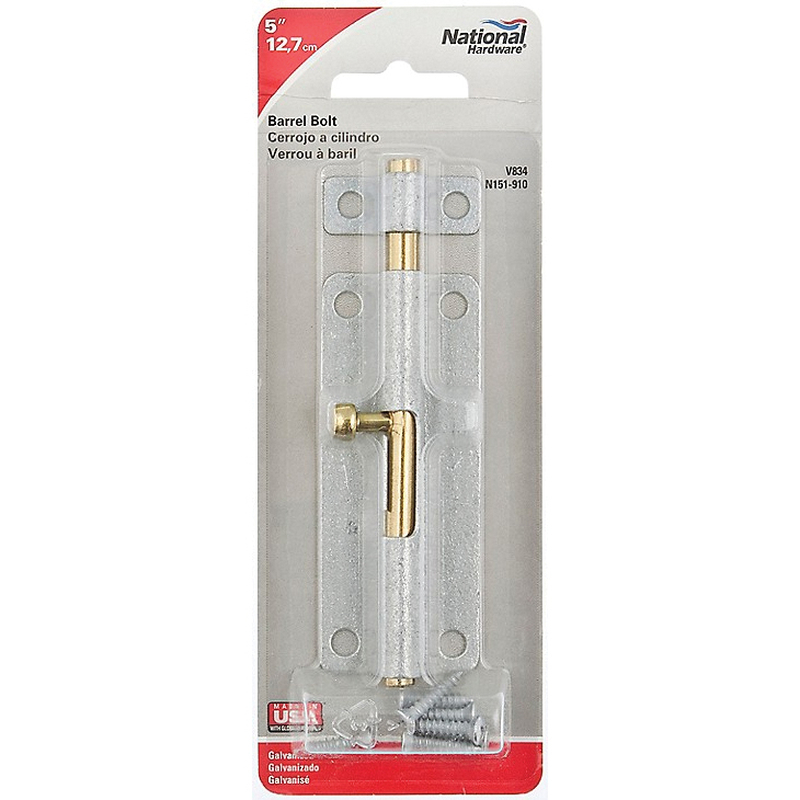 National Hardware N151-910 Barrel Bolt, 0.32 in Dia Bolt Head, 5 in L Bolt, Steel, Galvanized - 1