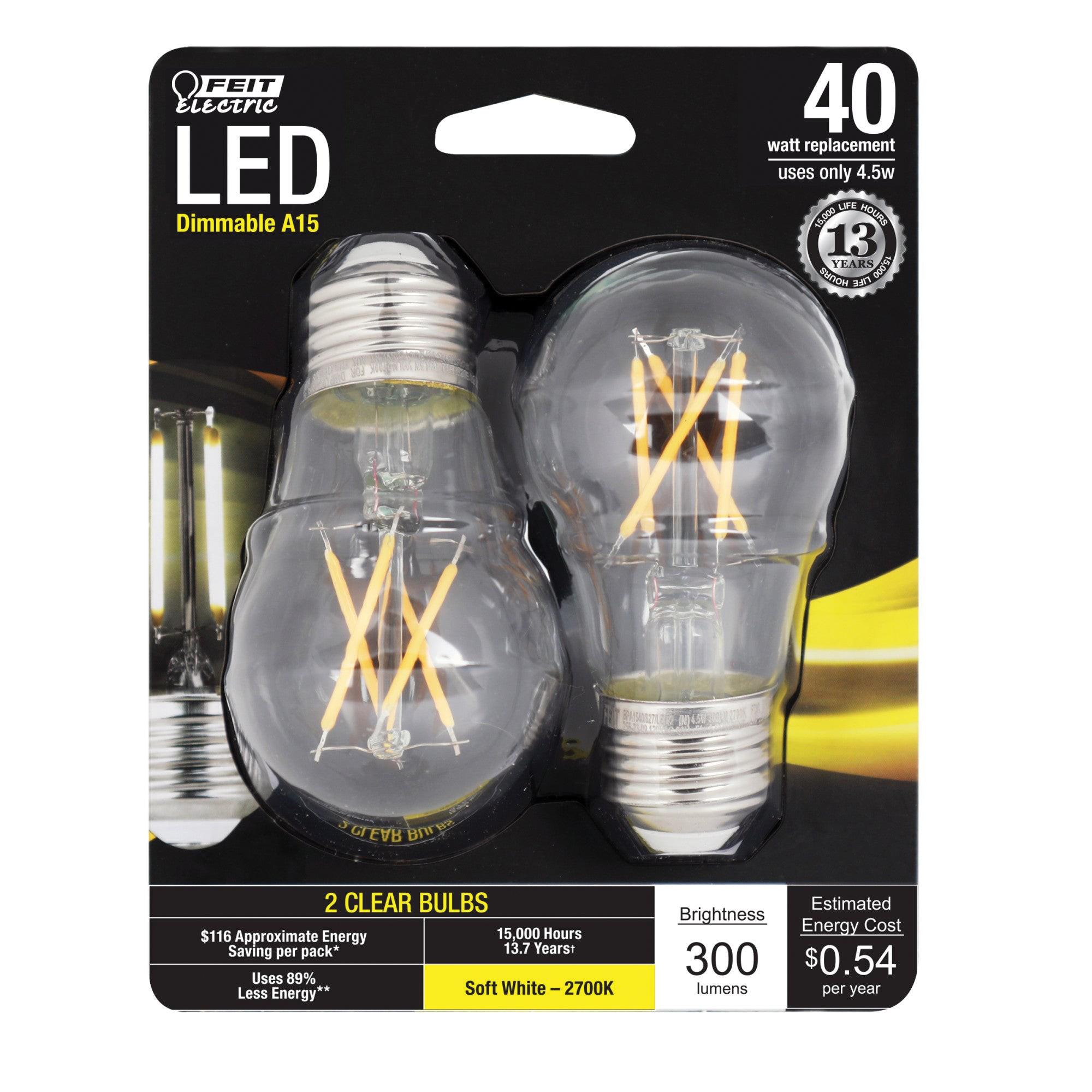 Feit Electric BPA1540/827/LED/2 Filament LED Bulb, General-Purpose, A15 Lamp, 40 W Equivalent, E26 Medium Lamp Base - 2