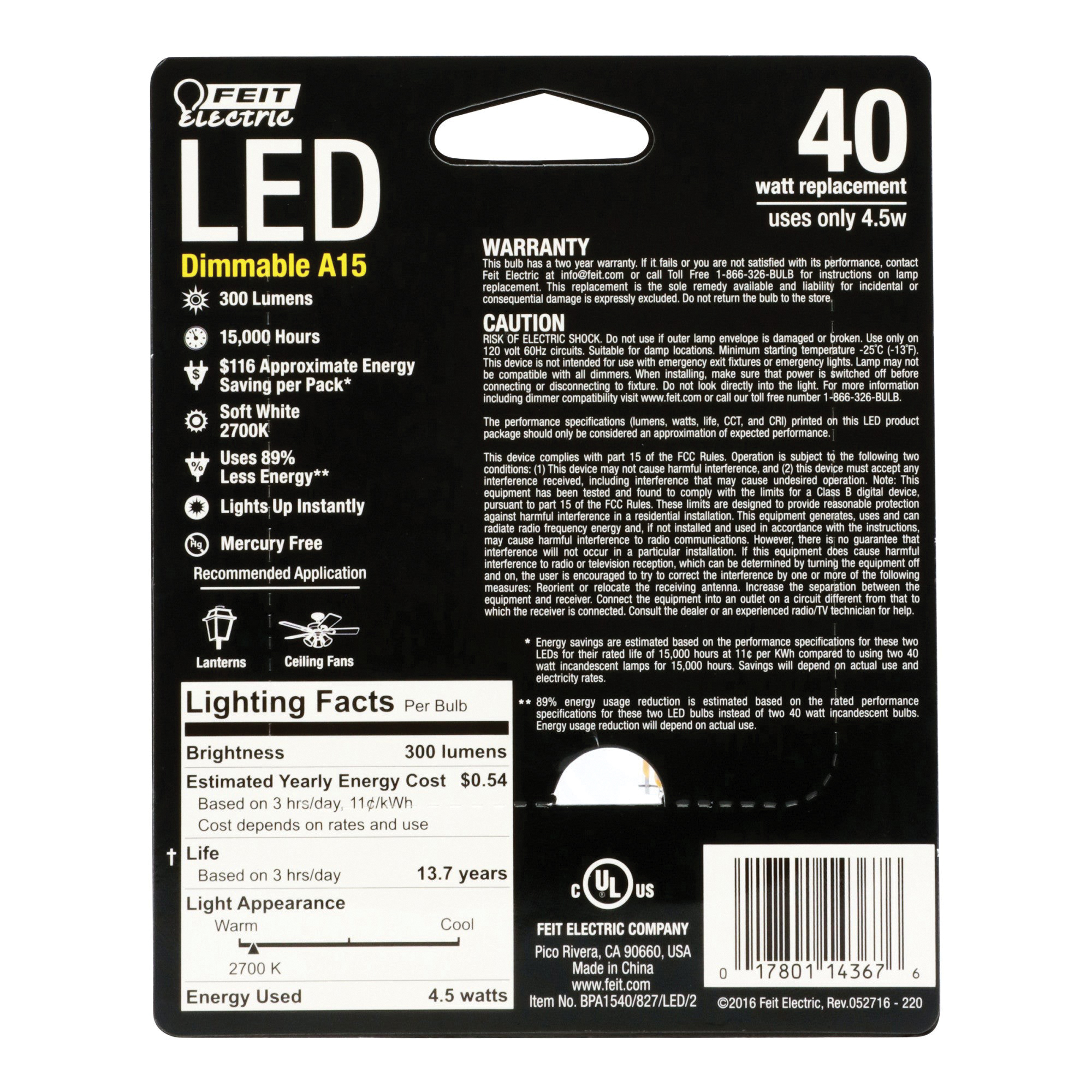 Feit Electric BPA1540/827/LED/2 Filament LED Bulb, General-Purpose, A15 Lamp, 40 W Equivalent, E26 Medium Lamp Base - 3
