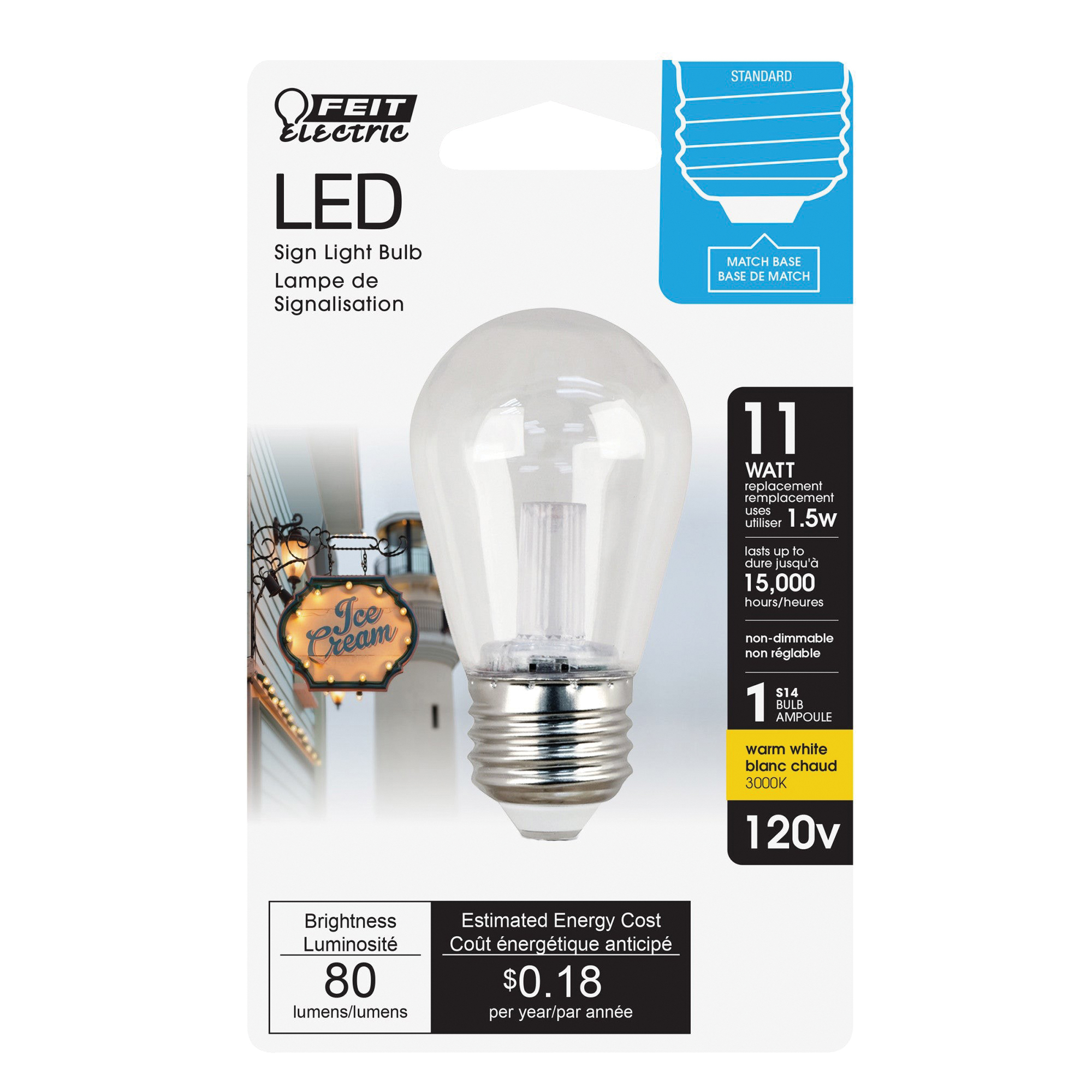 Feit Electric BPS14/SU/LED LED Bulb, Specialty, S14 Lamp, 11 W Equivalent, E26 Medium Lamp Base, Non-Dimmable, Clear - 2