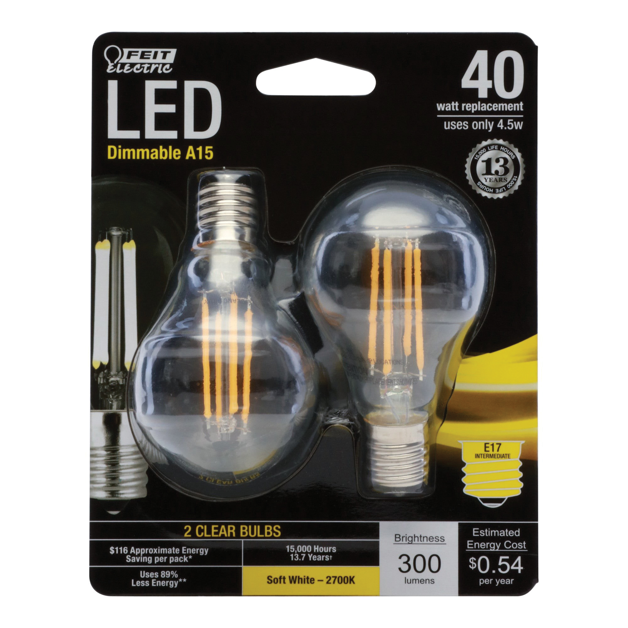Feit Electric BPA1540N/827/LED/2 Filament LED Bulb, General-Purpose, A15 Lamp, 40 W Equivalent, E17 Lamp Base, Dimmable - 3