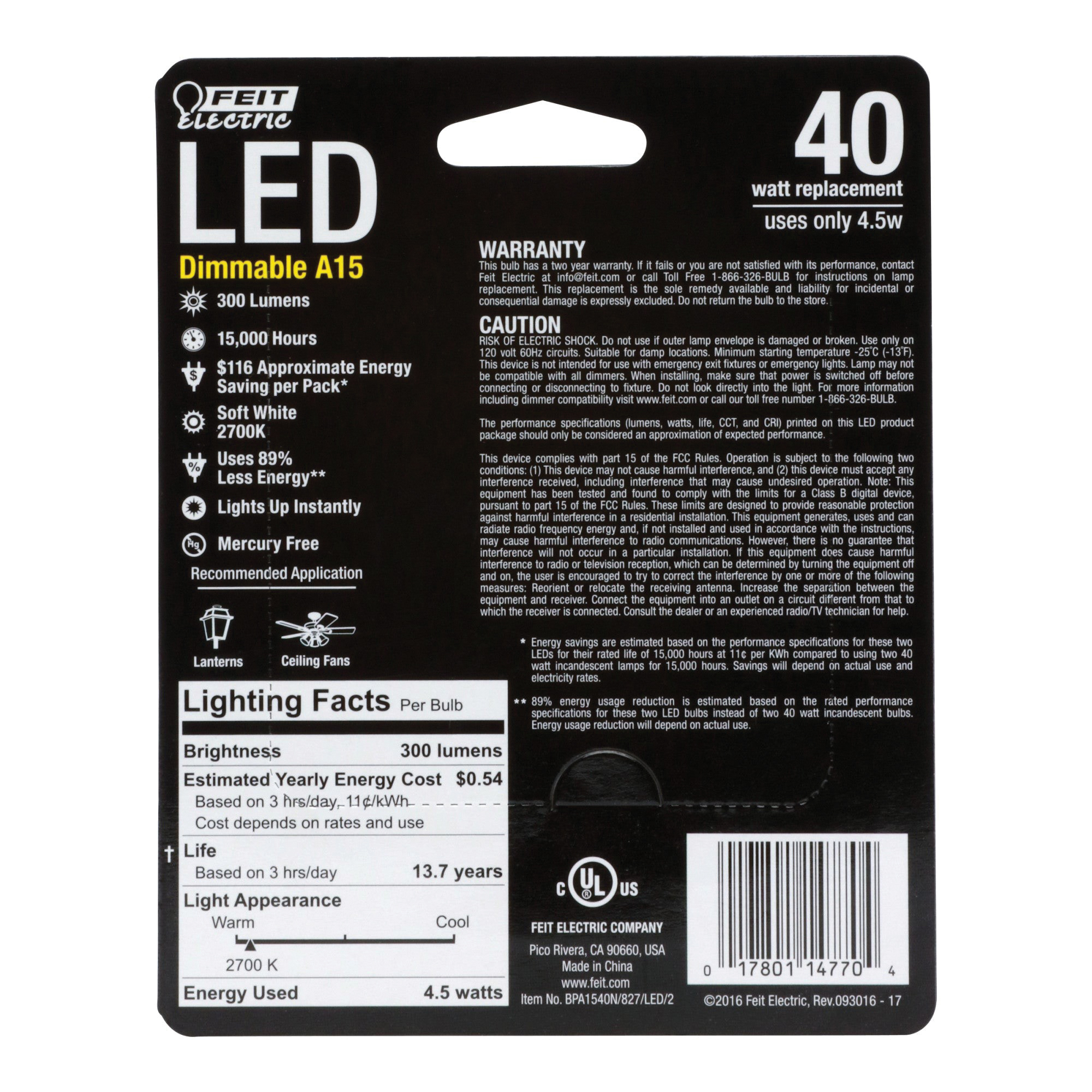 Feit Electric BPA1540N/827/LED/2 Filament LED Bulb, General-Purpose, A15 Lamp, 40 W Equivalent, E17 Lamp Base, Dimmable - 4