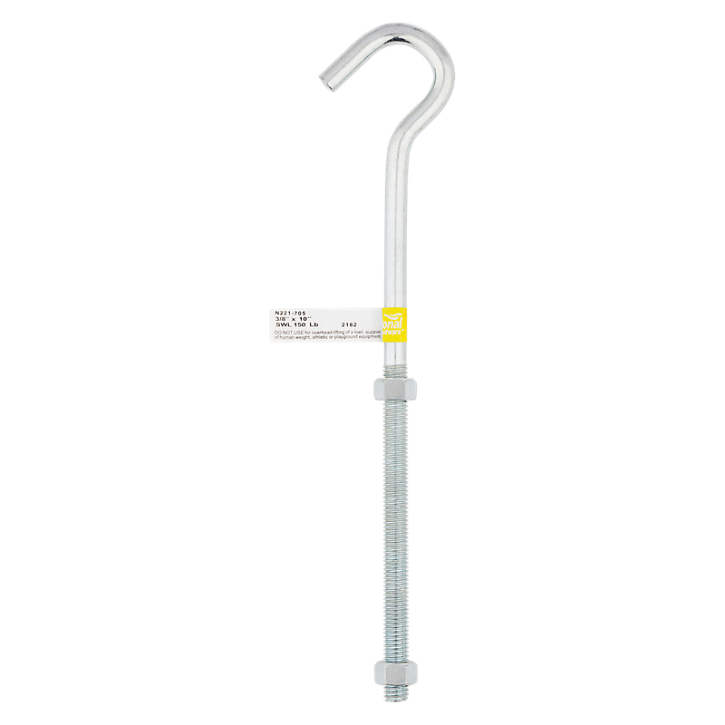 National Hardware 2162BC Series N221-705 Hook Bolt, 3/8-16 Thread, 5 in L Thread, 10 in L, Steel, Zinc-Plated - 2