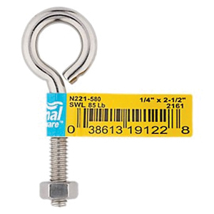 National Hardware N221-580 Eye Bolt, 1/4-20 Thread, Coarse Thread, 1-1/4 in L Thread, 0.56 in ID Dia Eye - 2