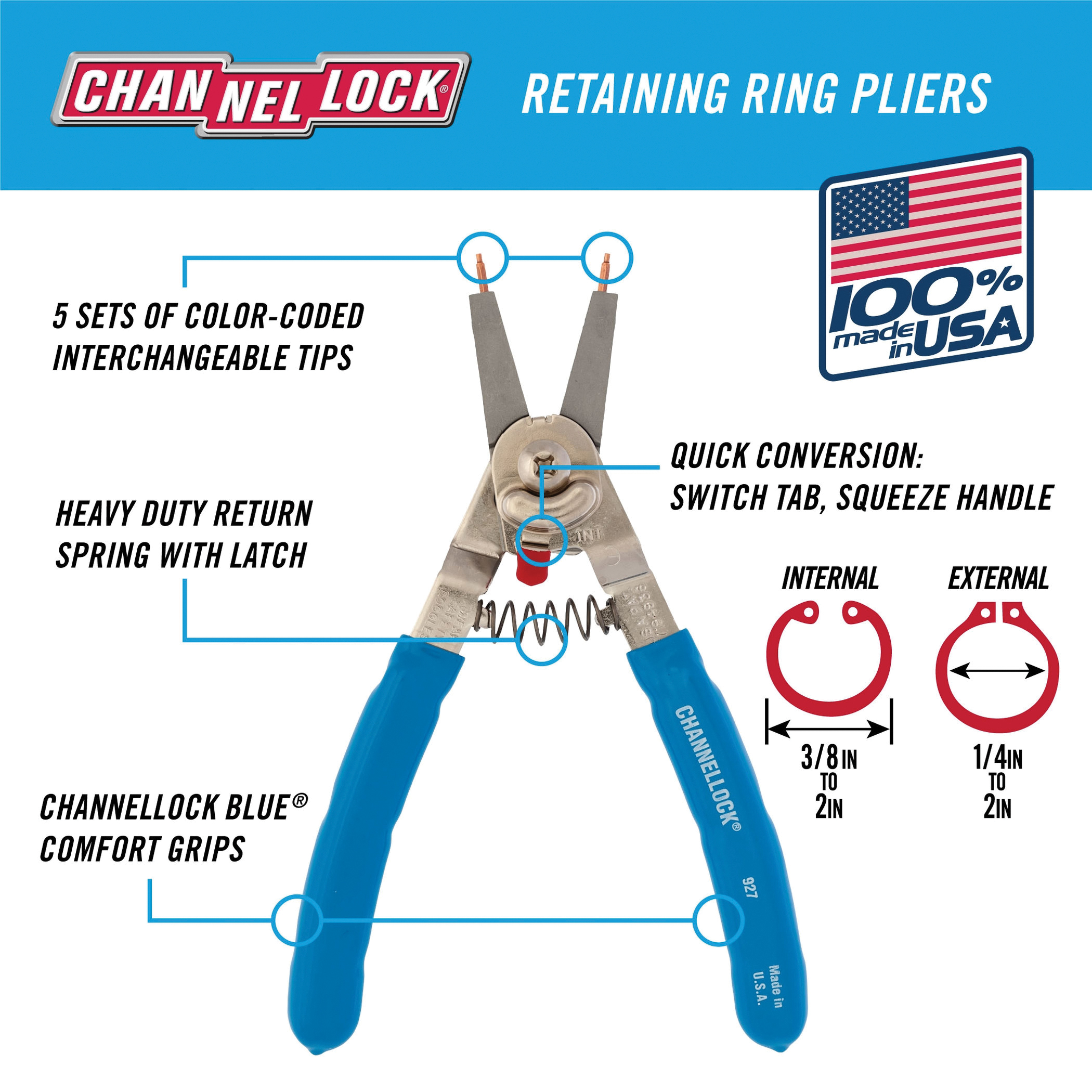 Channellock 927 Retaining Ring Pliers, 8 in OAL - 2