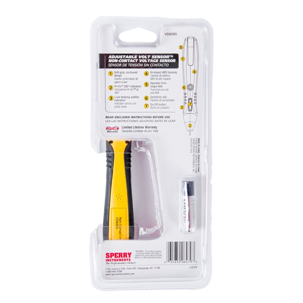 Sperry Instruments Volt Sensor Series VD6505 Tester with Pocket Clip, 12 to 1000 V, LED Display, Functions: Voltage - 3