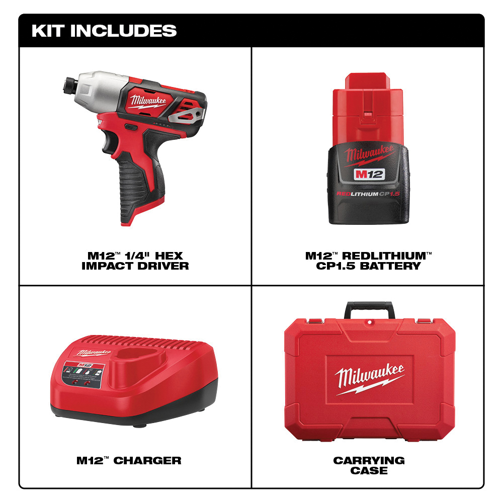 Milwaukee M12 2462-22 Impact Driver Kit, Battery Included, 12 V, 1.5 Ah, 1/4 in Drive, Hex Drive, 3300 ipm - 2