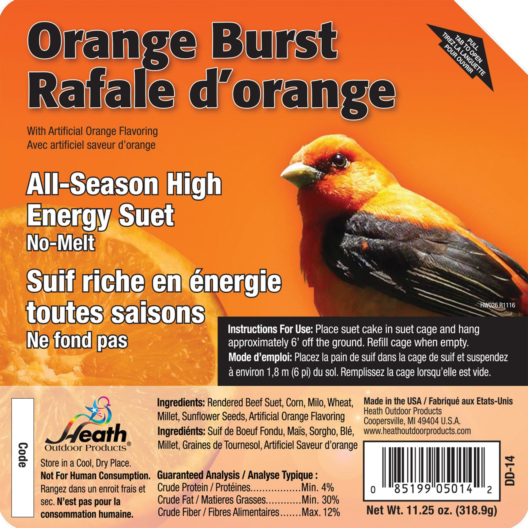 Heath DD-14 Sunflower Seed Wild Bird Food, 11.25 oz, All-Season, Suet, Cake, Orange Burst - 2