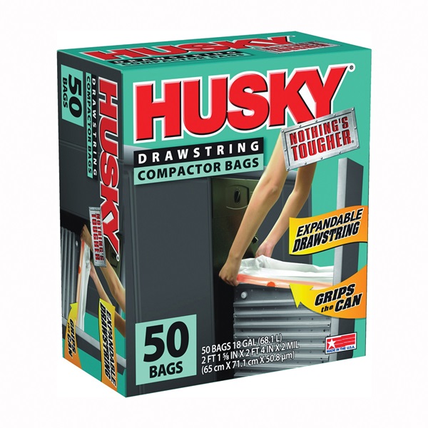 Husky HK18XDS050W Trash Compactor Bag with Drawstring, 18 gal, White, 2 ft 1-5/8 in L, 2 ft 4 in W