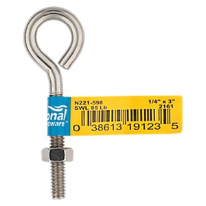 National Hardware N221-598 Eye Bolt, 1/4-20 Thread, Coarse Thread, 1-3/4 in L Thread, 0.56 in ID Dia Eye - 2