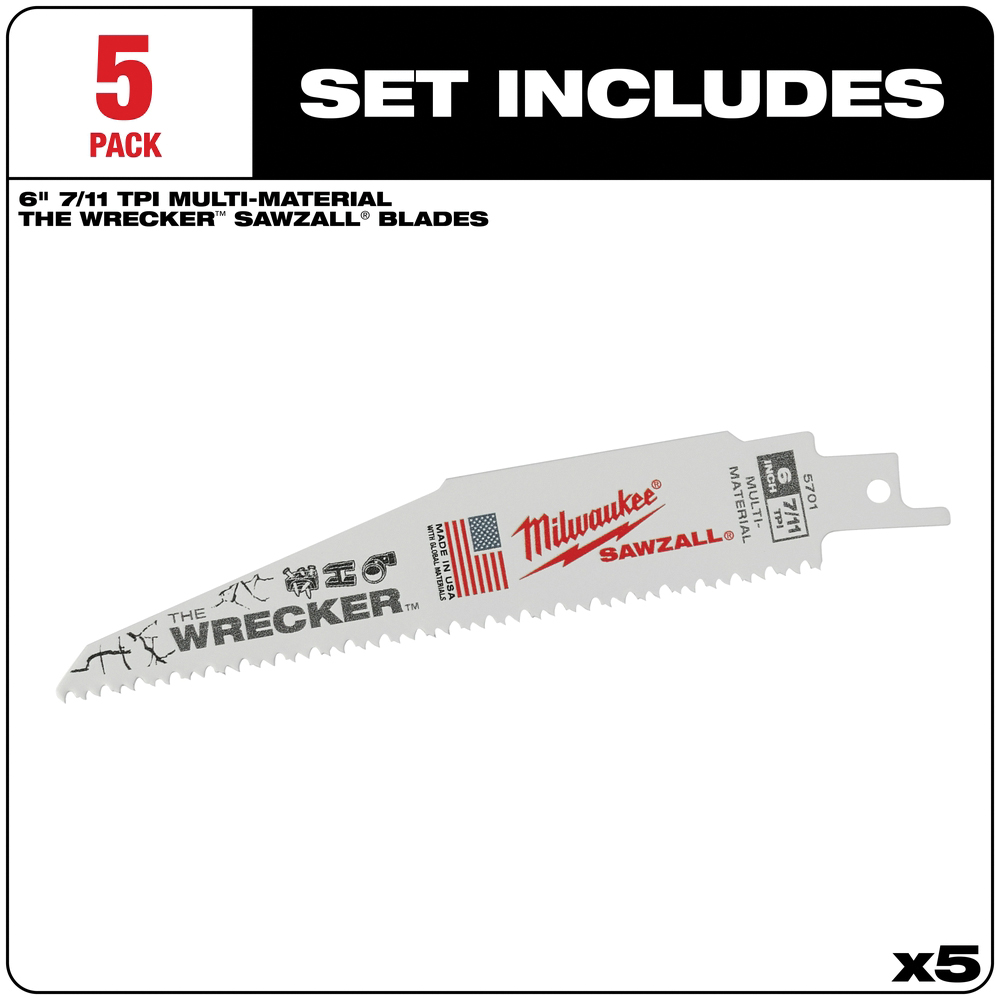 Milwaukee The WRECKER 48-00-5701 Reciprocating Saw Blade, 0.05 in W, 6 in L, 7/11 TPI, Bi-Metal Cutting Edge - 4