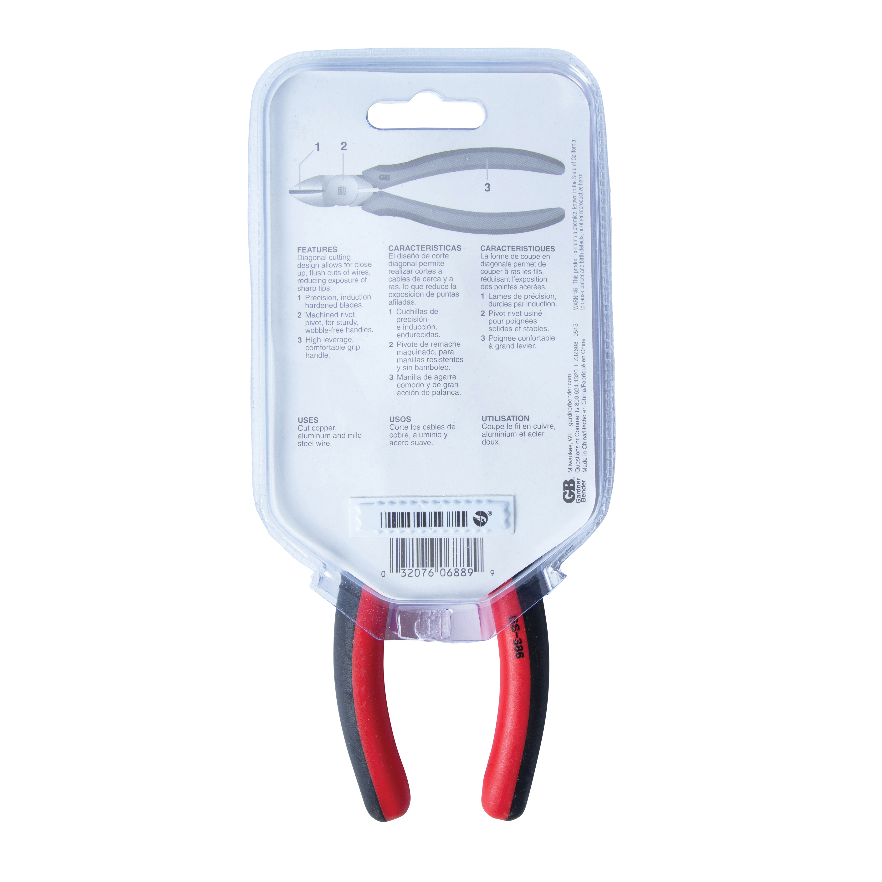 Gardner Bender GS-386 Diagonal Cutting Pliers, 6-1/2 in OAL, 1-3/8 in Jaw Opening, Comfort Grip Handle, 3/4 in L Jaw - 3
