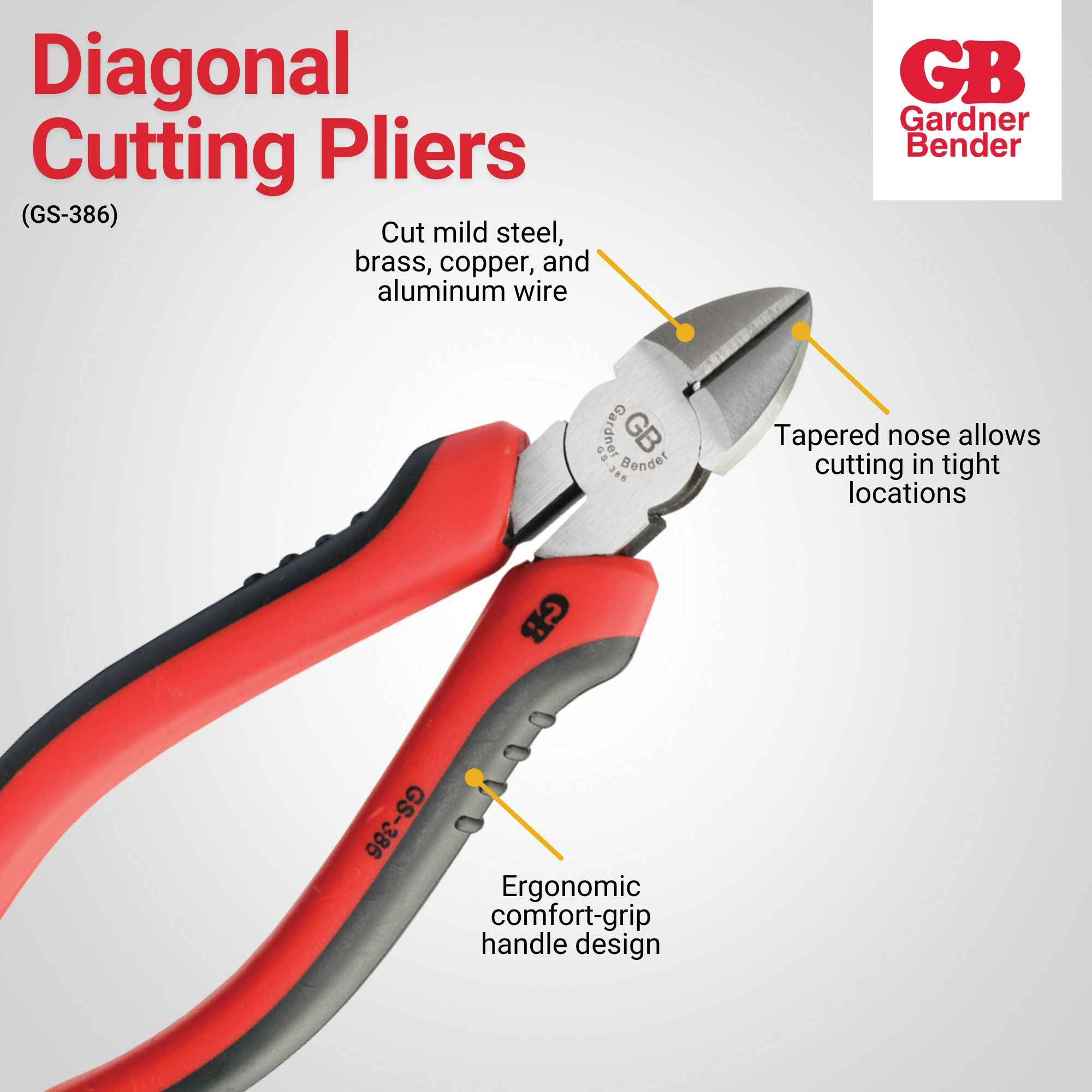 Gardner Bender GS-386 Diagonal Cutting Pliers, 6-1/2 in OAL, 1-3/8 in Jaw Opening, Comfort Grip Handle, 3/4 in L Jaw - 4