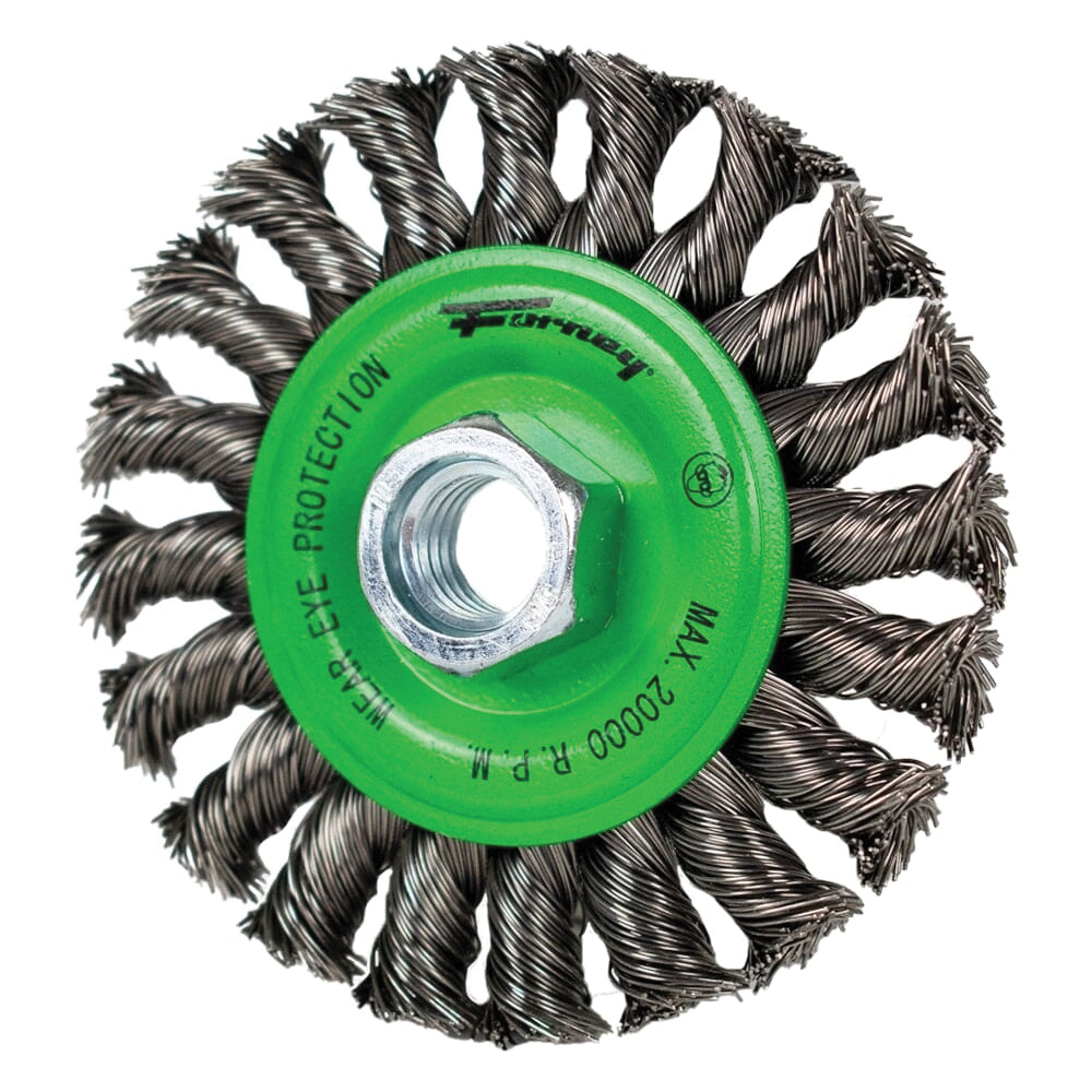 Forney 72759 Wire Wheel Brush, 4 in Dia, 5/8-11 Arbor/Shank, Twist Knot Bristle, 0.02 in Dia Bristle - 2