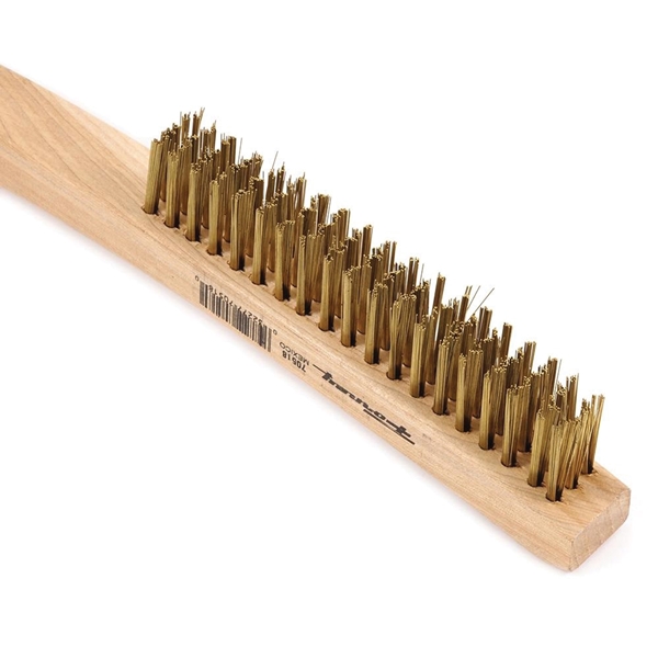 Forney 70518 Scratch Brush, 2-1/4 in W Brush, Brass Bristle, 0.012 in L Trim, Wood Handle, Curved Handle - 3