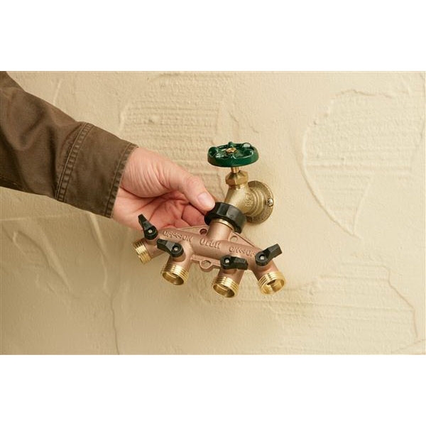 Orbit 62010N Hose Faucet Manifold, 3/4 in Swivel x MHT, 4-Port/Way, Brass - 1