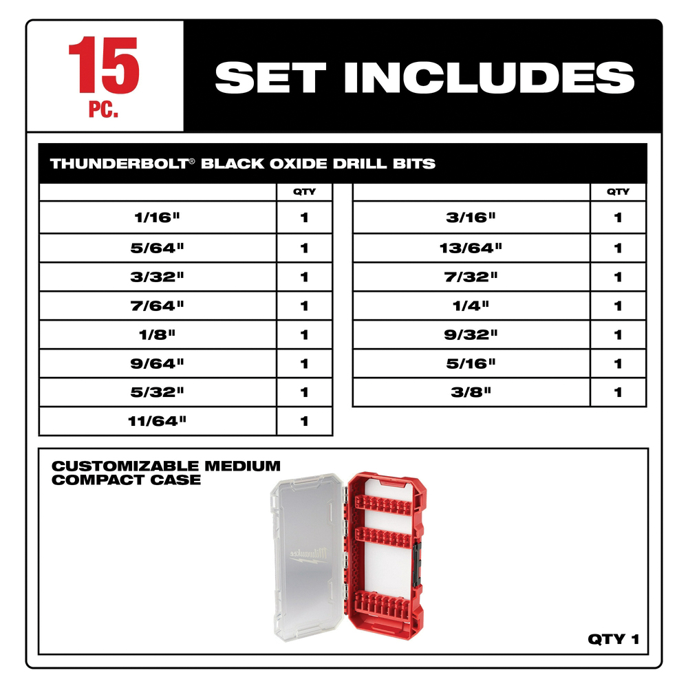 Milwaukee Thunderbolt 48-89-2803 Drill Bit Set, 15-Piece, Steel, Black Oxide - 3