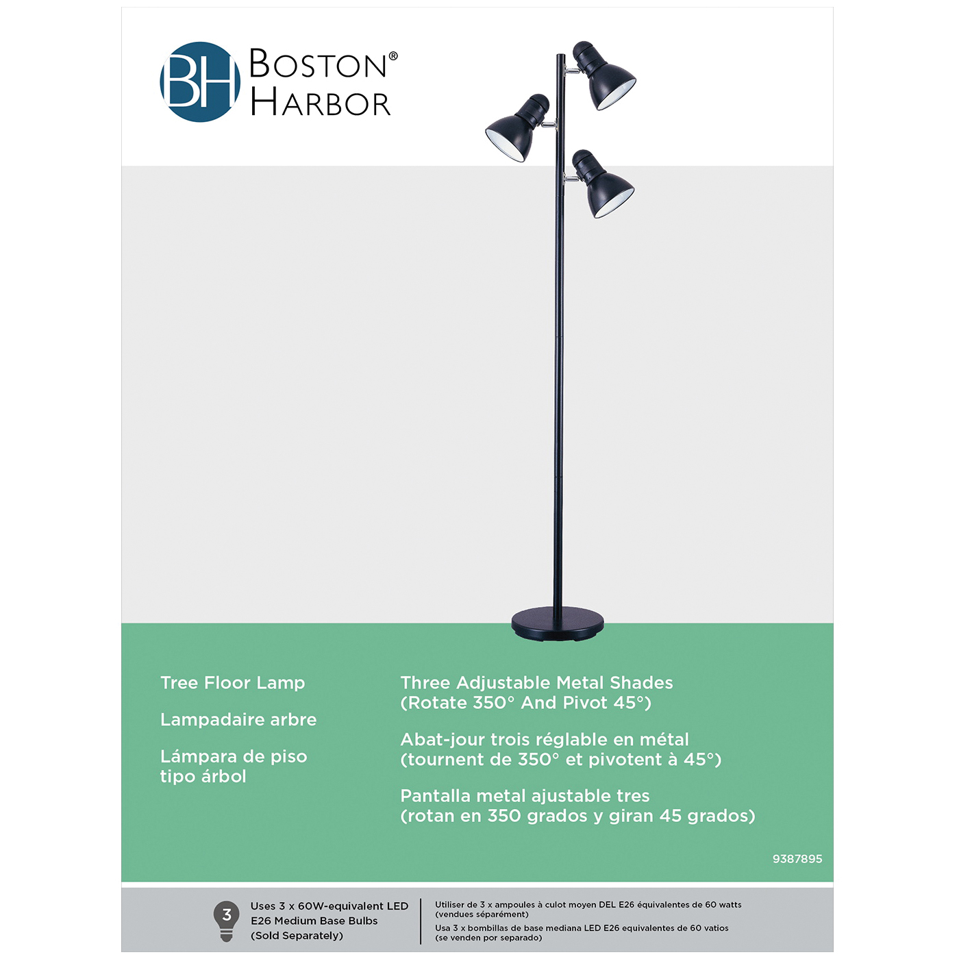 Boston Harbor TL-TREE-134-BK-3L Tree Lamp, 120 V, 180 W, 3-Lamp, Incandescent Lamp, Metal, Black Finish - 1