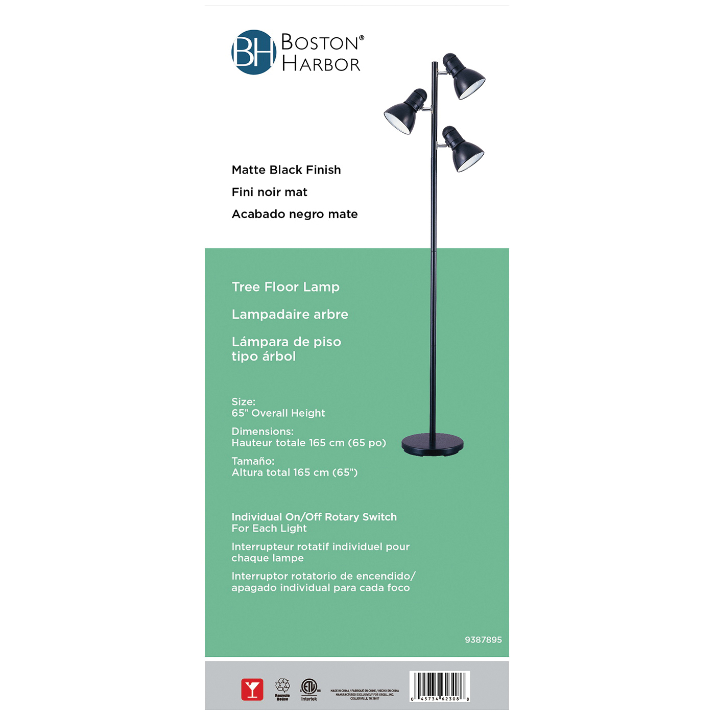 Boston Harbor TL-TREE-134-BK-3L Tree Lamp, 120 V, 180 W, 3-Lamp, Incandescent Lamp, Metal, Black Finish - 2