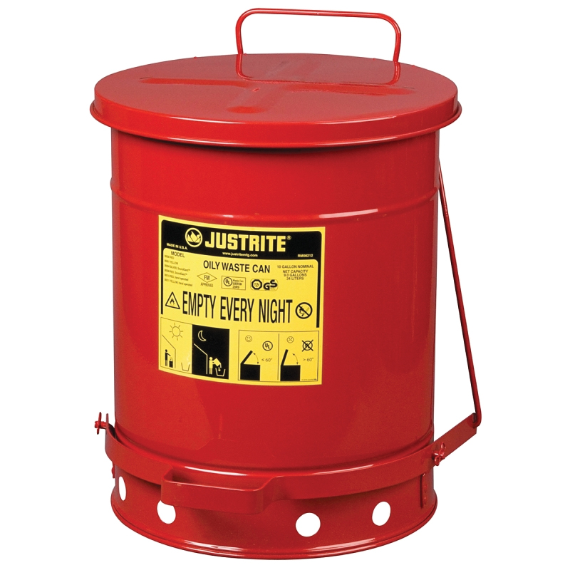 Justrite 09300 Oily Waste Can, 10 gal Can, Steel, Red, Foot-Operated Self-Closing, 13.938 in Dia, 18-1/4 in H - 1
