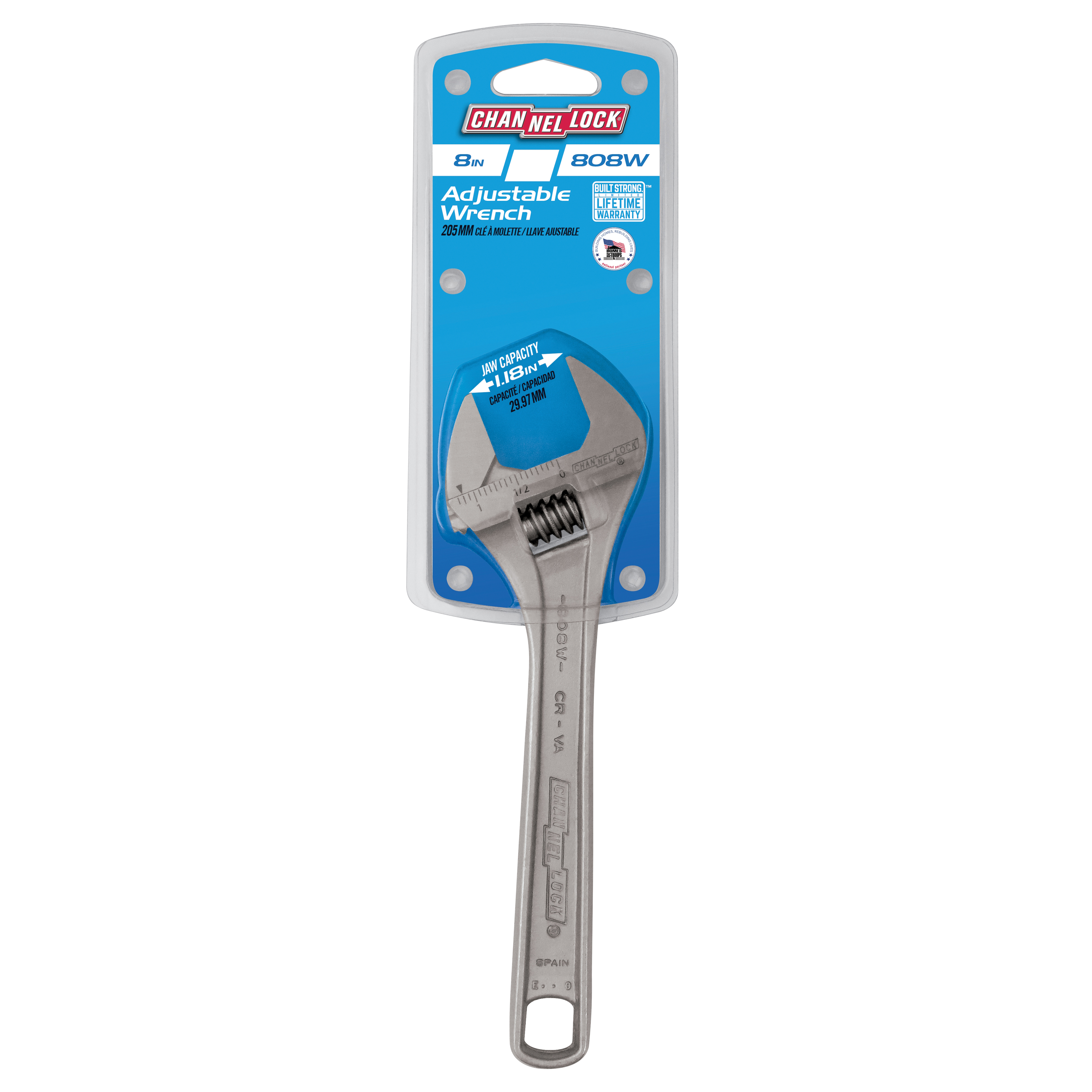 Channellock WIDEAZZ Series 808W Adjustable Wrench, 8 in OAL, 1.18 in Jaw, Steel, Chrome-Plated, I-Beam Handle - 3
