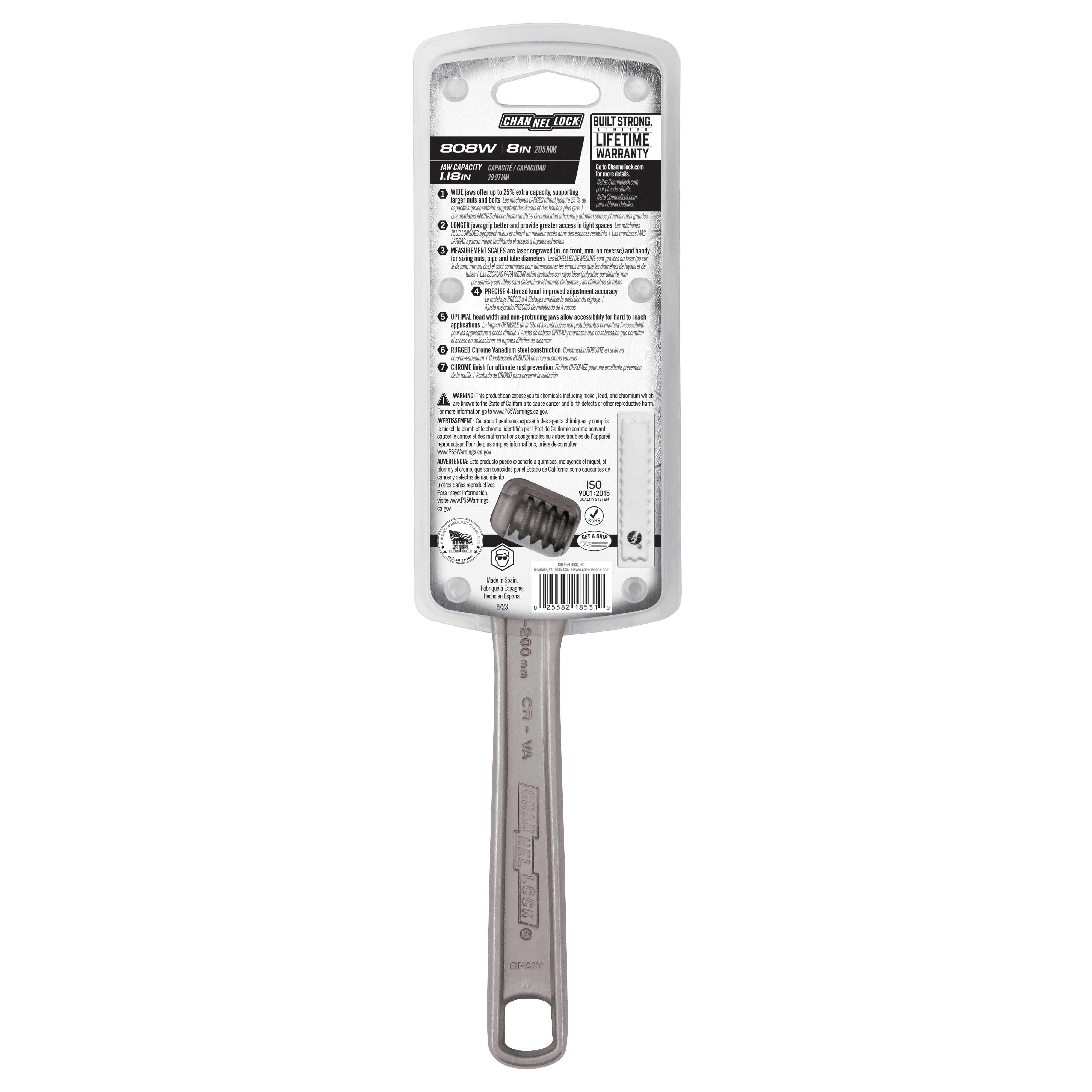 Channellock WIDEAZZ Series 808W Adjustable Wrench, 8 in OAL, 1.18 in Jaw, Steel, Chrome-Plated, I-Beam Handle - 4