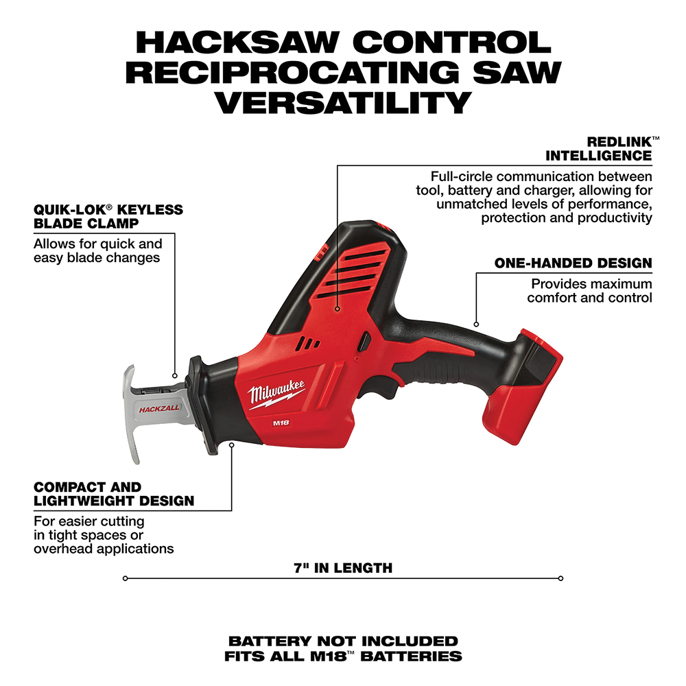 Milwaukee 2625-20 Reciprocating Saw, Tool Only, 18 V, 1.4 Ah, 3/4 in L Stroke, 0 to 3000 spm - 2