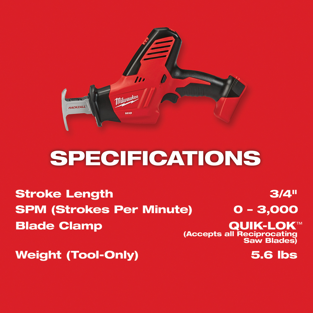 Milwaukee 2625-20 Reciprocating Saw, Tool Only, 18 V, 1.4 Ah, 3/4 in L Stroke, 0 to 3000 spm - 3