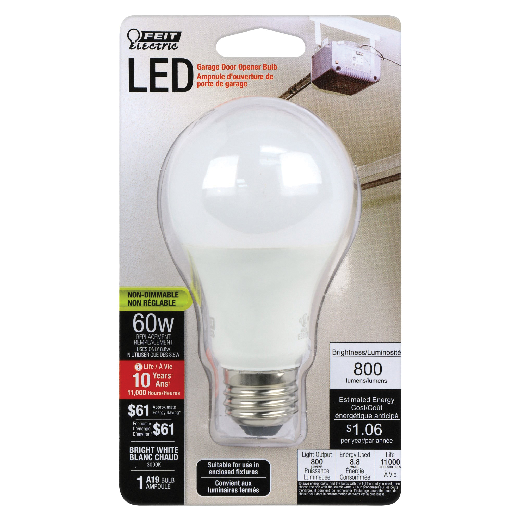Feit Electric OM60930CA/10KLED/GAR LED Bulb, Garage, A19 Lamp, 60 W Equivalent, E26 Medium Lamp Base, Non-Dimmable - 2