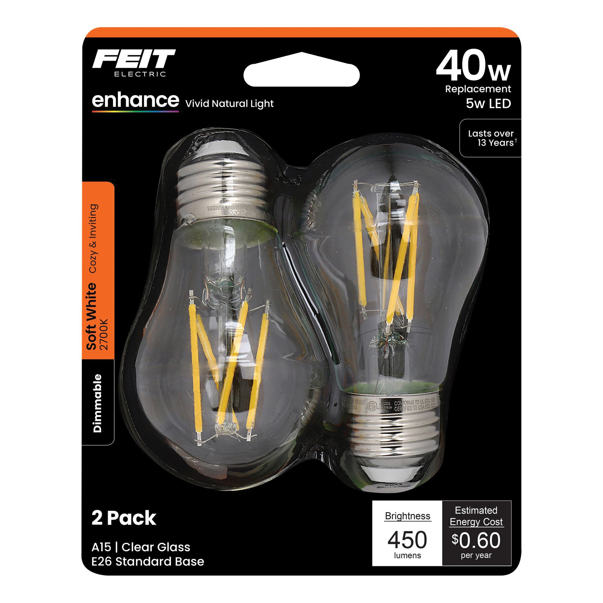 Feit Electric BPA1540/927CA/FIL/2 Filament LED Bulb, General-Purpose, A15 Lamp, 40 W Equivalent, E26 Medium Lamp Base - 2