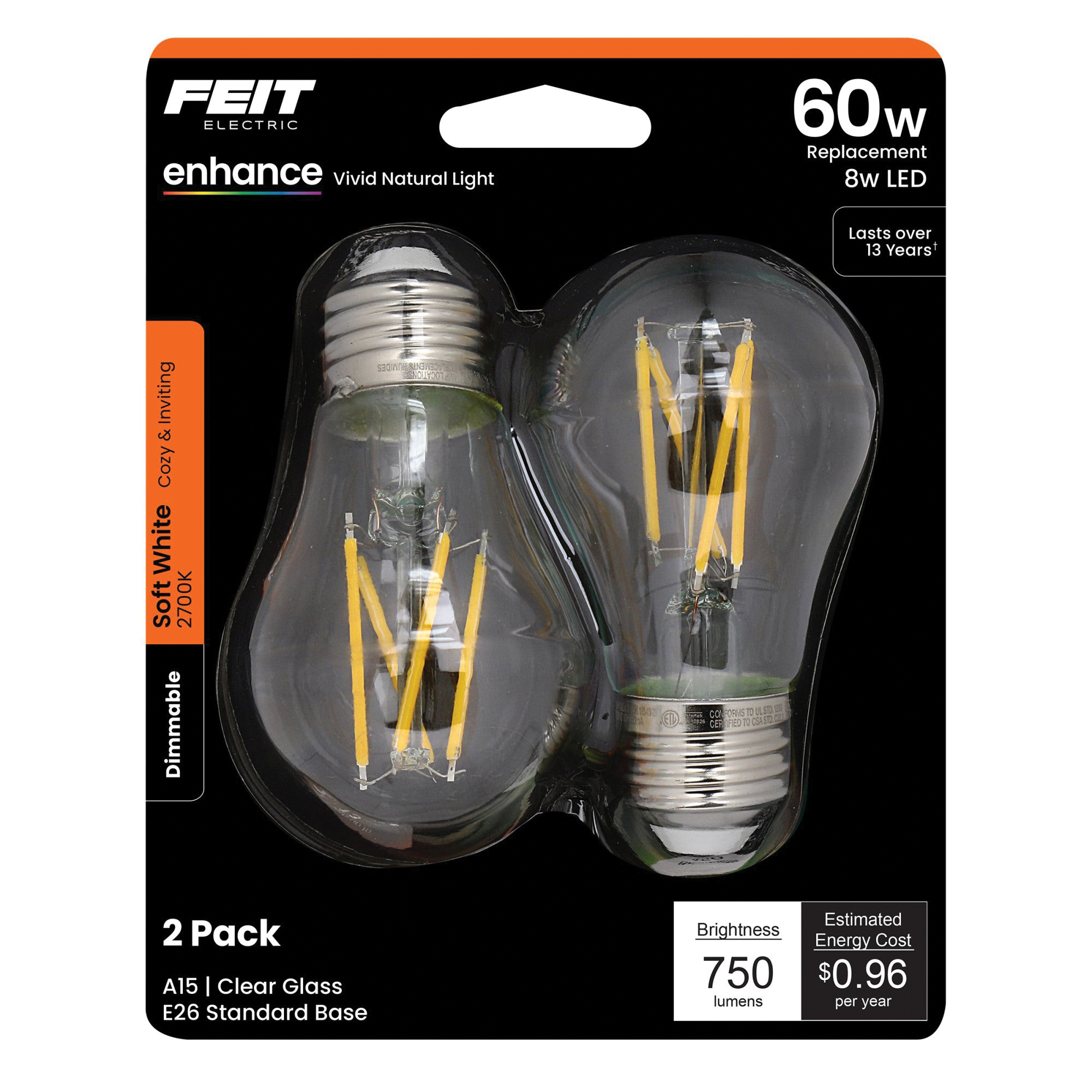 Feit Electric BPA1560/927CA/FIL/2 LED Bulb, General Purpose, 750 Lumens, 8.3 W, A15 Lamp, 60 W Equivalent, E26 Lamp Base - 2