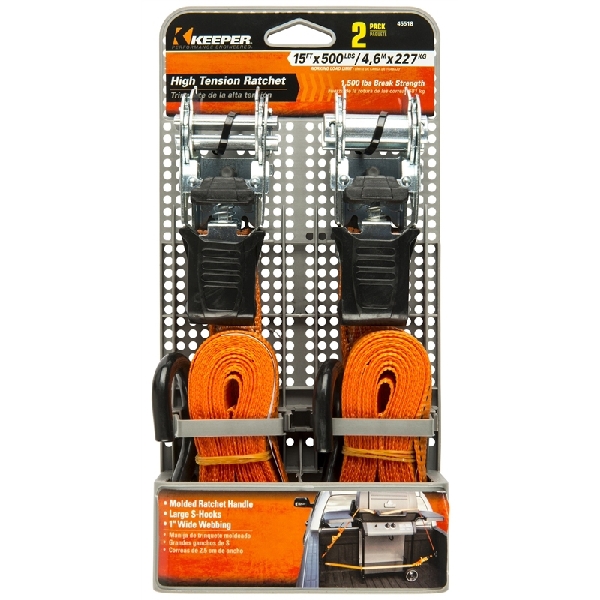 Keeper 45518 Tie-Down, 1 in W, 15 ft L, Orange, 500 lb Working Load, S-Hook End - 2