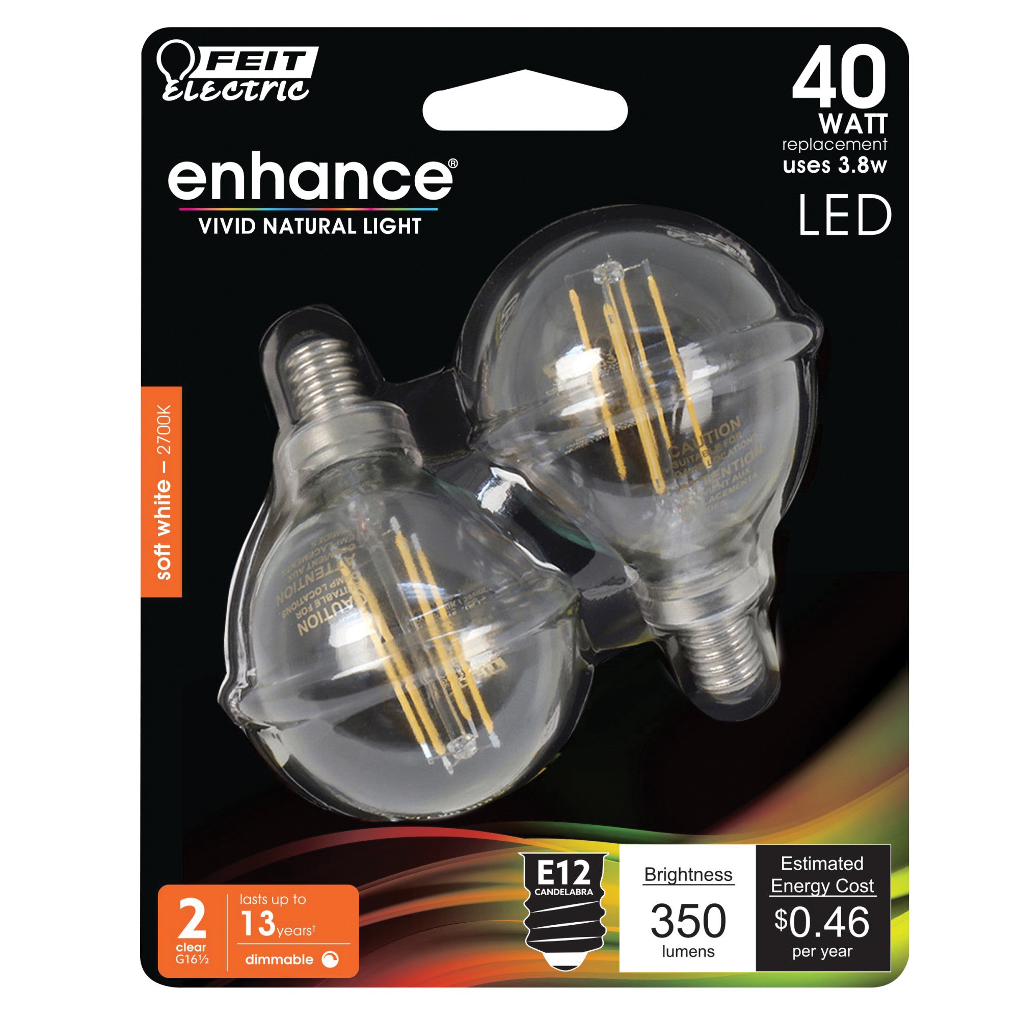 Feit Electric BPG1640/927CA/FIL/2 Filament LED Bulb, Globe, G16-1/2 Lamp, 40 W Equivalent, E12 Candelabra Lamp Base - 2